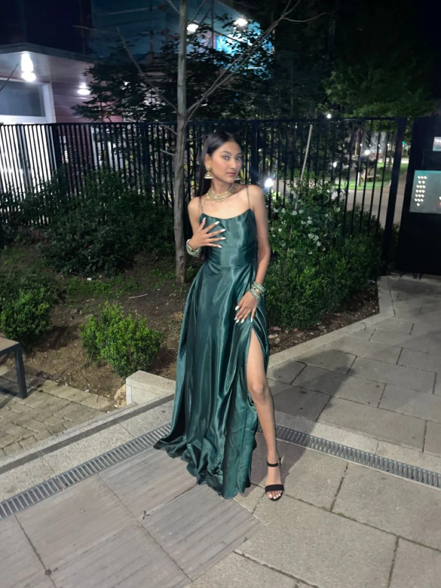 A Line Dark Green Spaghetti Straps Satin Slit Long Prom Dress Evening Dress J9014