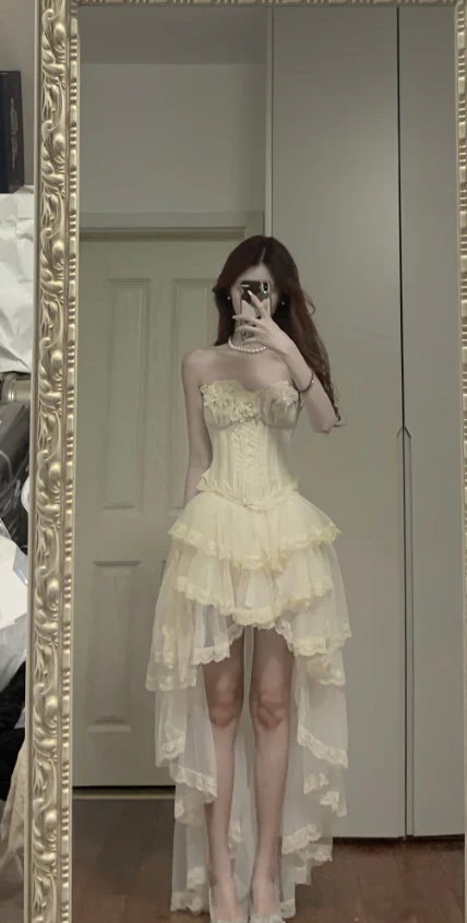 Yellow A Line High-Low Prom Dress Sweetheart Layered Evening Dress J9019