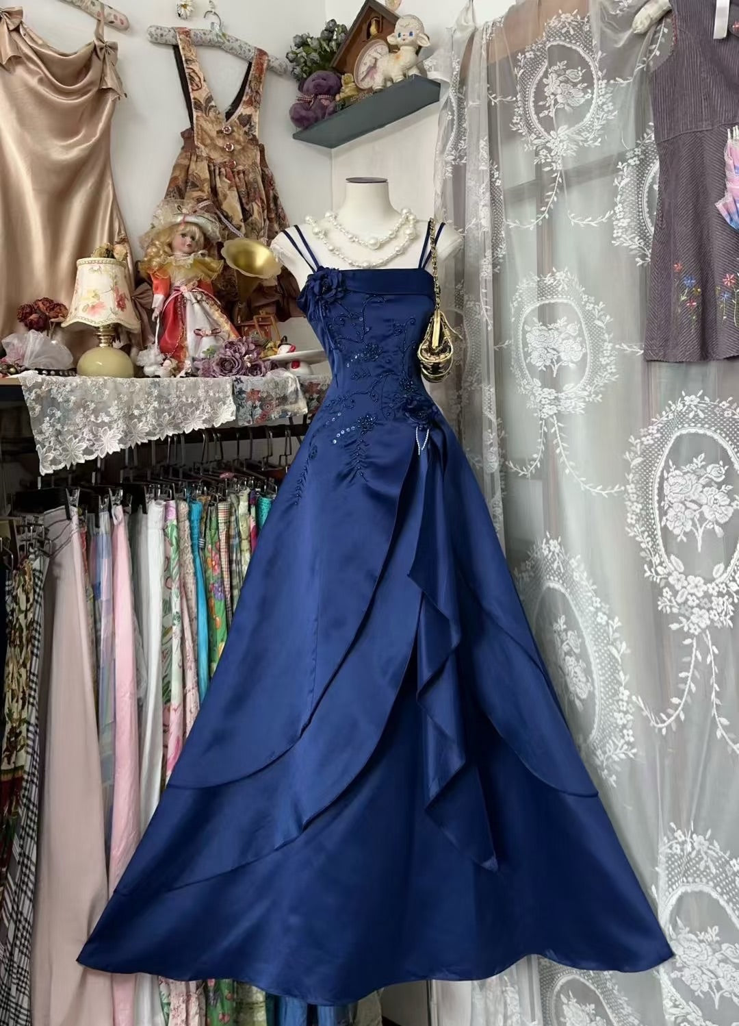 navy blue vintage dress Linen Summer Maxi Dress