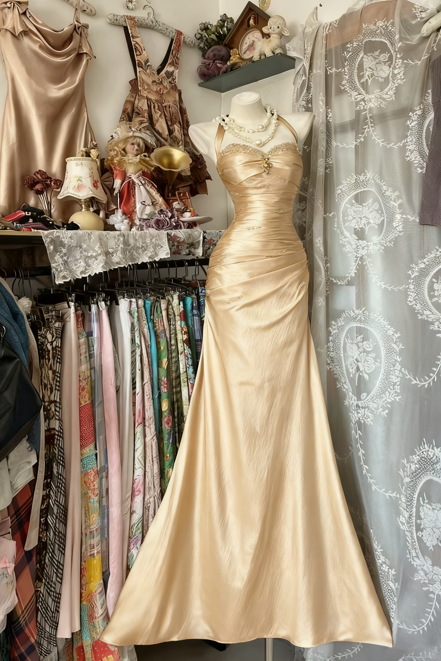 Beaded Vintage Champagne Mermaid Long Prom Dress J9052