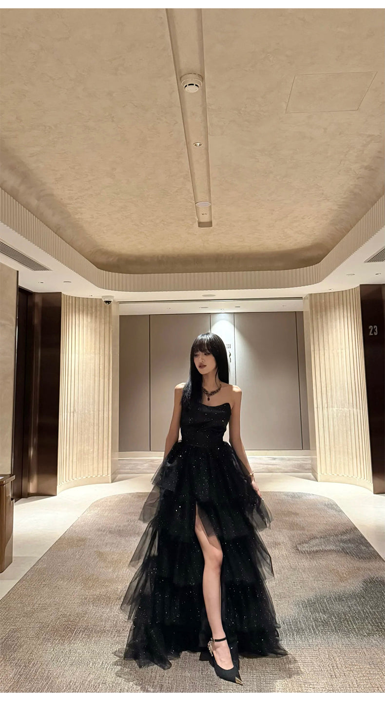 Robe de soirée fourreau noire sexy longue avec fente J8826