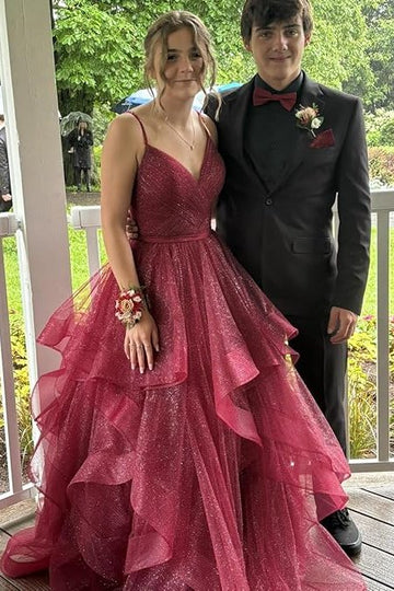 Burgundy A-Line Ruffles Glitter Long Prom Dress J9100