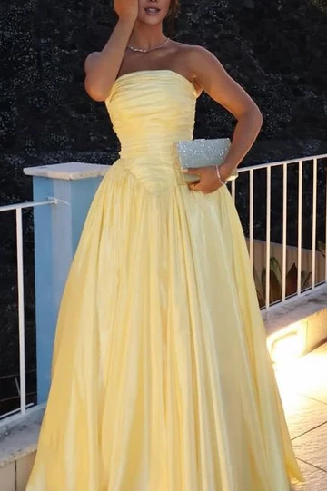 Yellow Strapless A-Line Satin Evening Prom Dress J9109