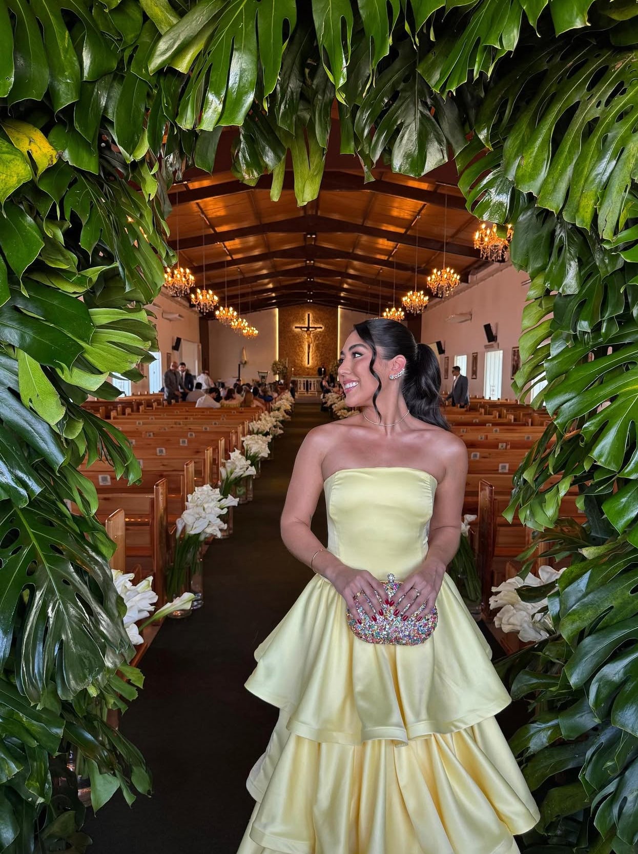 Strapless A Line Yellow Layered Long Prom Dress Formal Evening Dress J9194