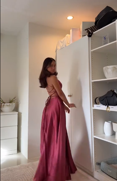 Rosa Etuikleid, lang, mit Seitenschlitz, Satin, formelles Kleid J8820