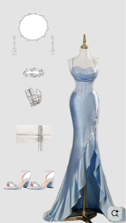 Sky Blue Satin Evening Gown Spaghetti Strap Slit Ruffled Long Prom Dress J9255