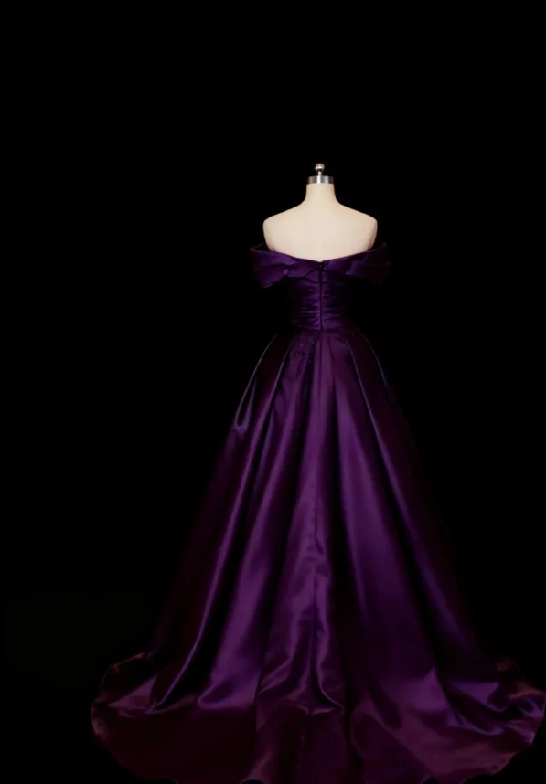 Off The Shoulder A-Line Long Prom Dresses Satin Purple Evening Dresses J9287