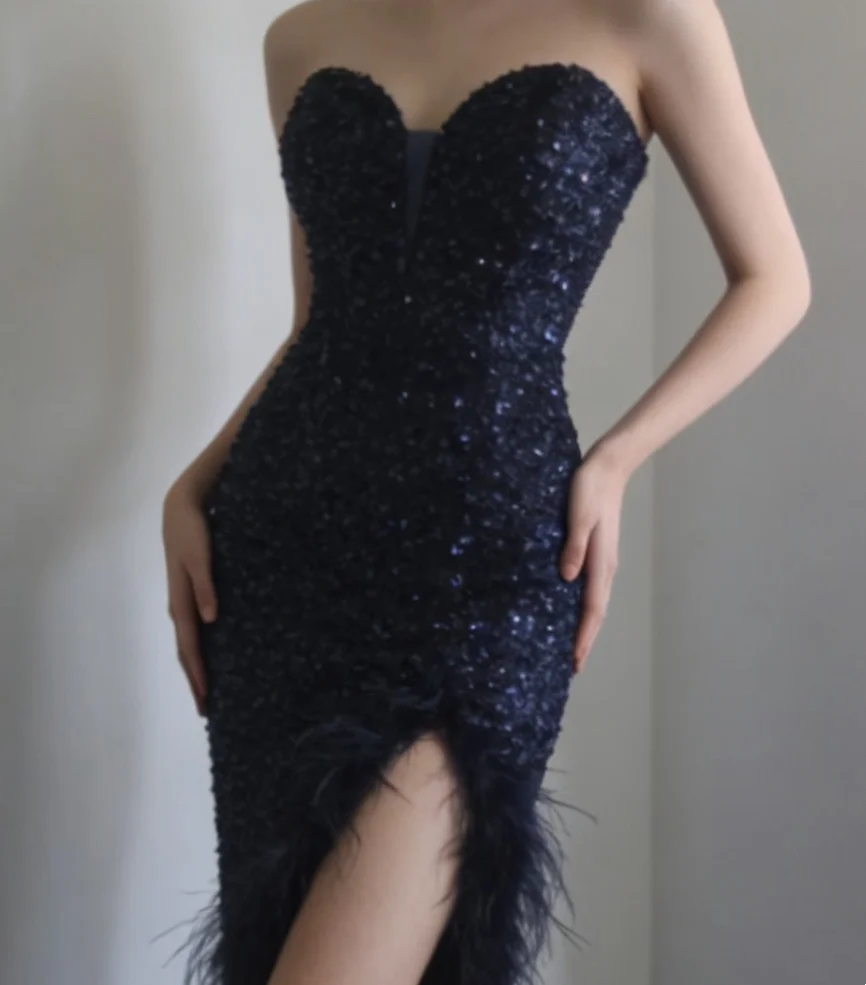 Robe de soirée fourreau noire sexy longue avec fente J8826