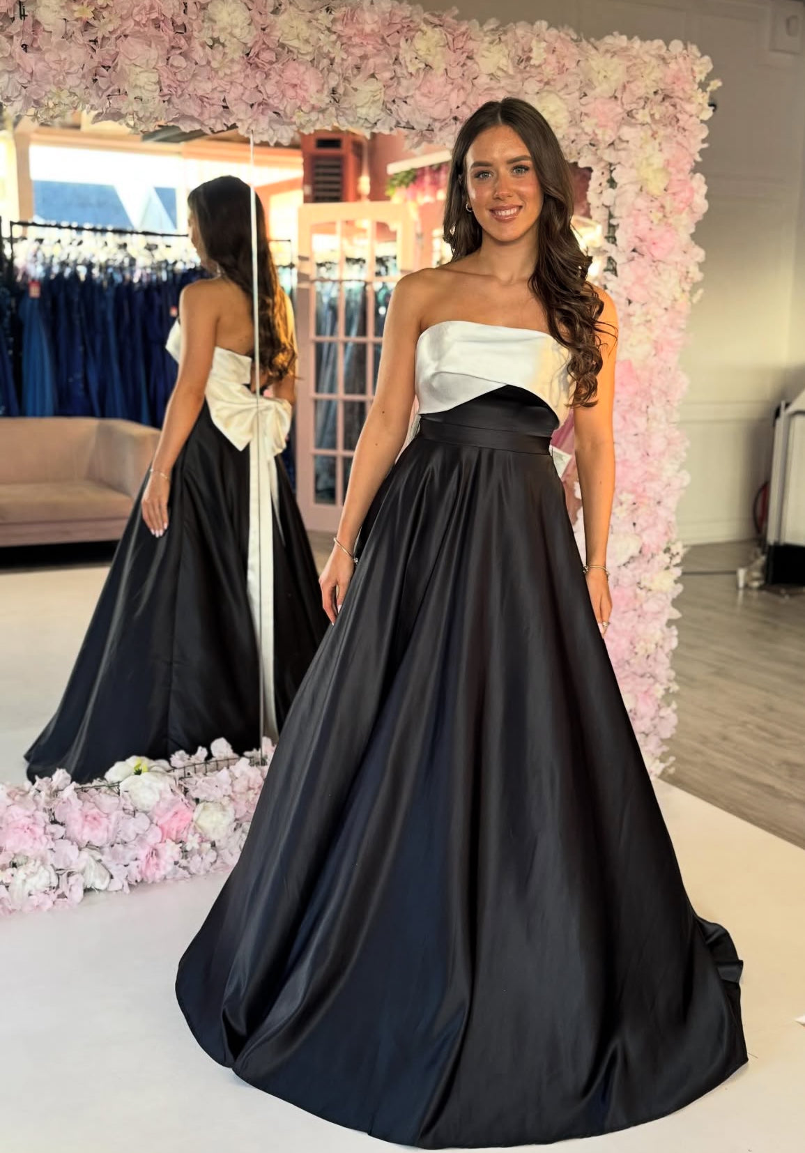 Strapless A Line Black Prom Dress Satin Evening Dress J9358