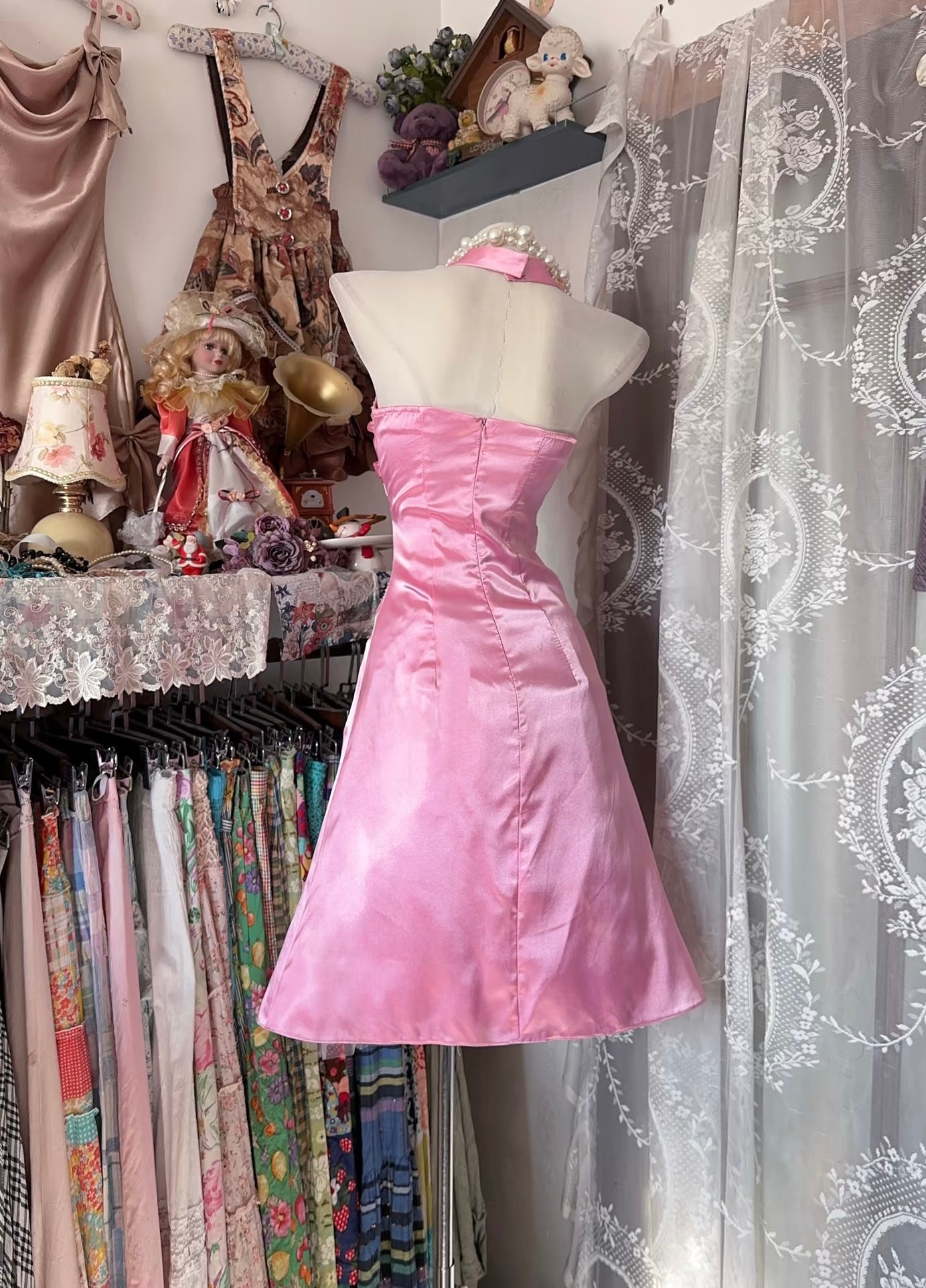 Halter Satin Pink Short Dress Cute Birthday Party Dress J9368