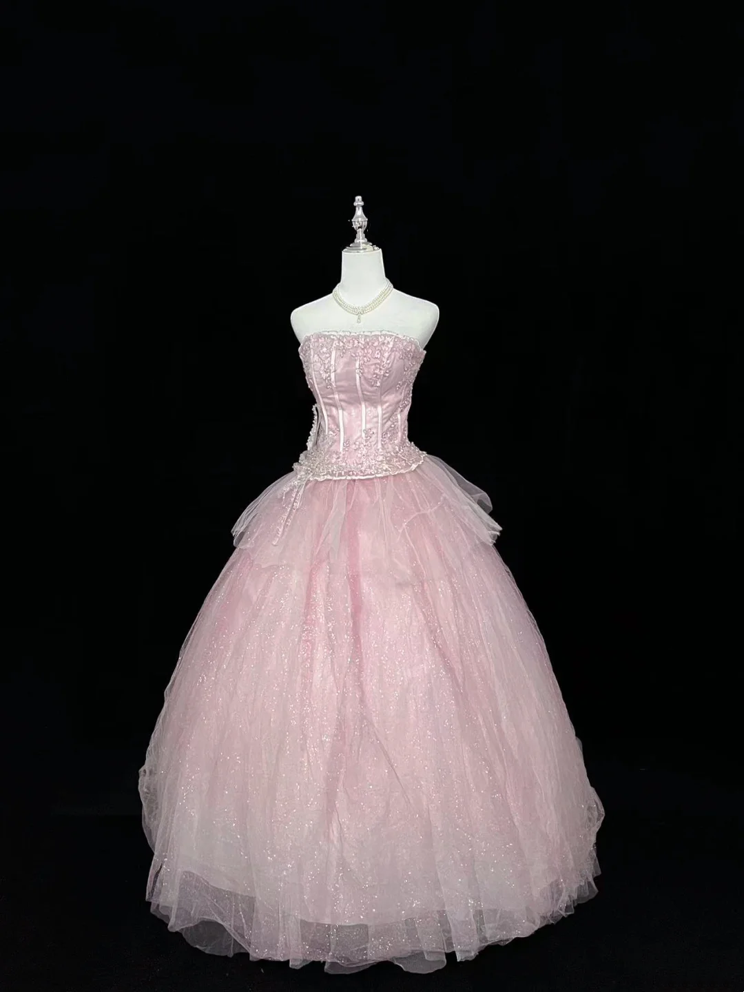 Trägerloses silbernes Vintage-Abendkleid, A-Linie, Geburtstagskleid J9370