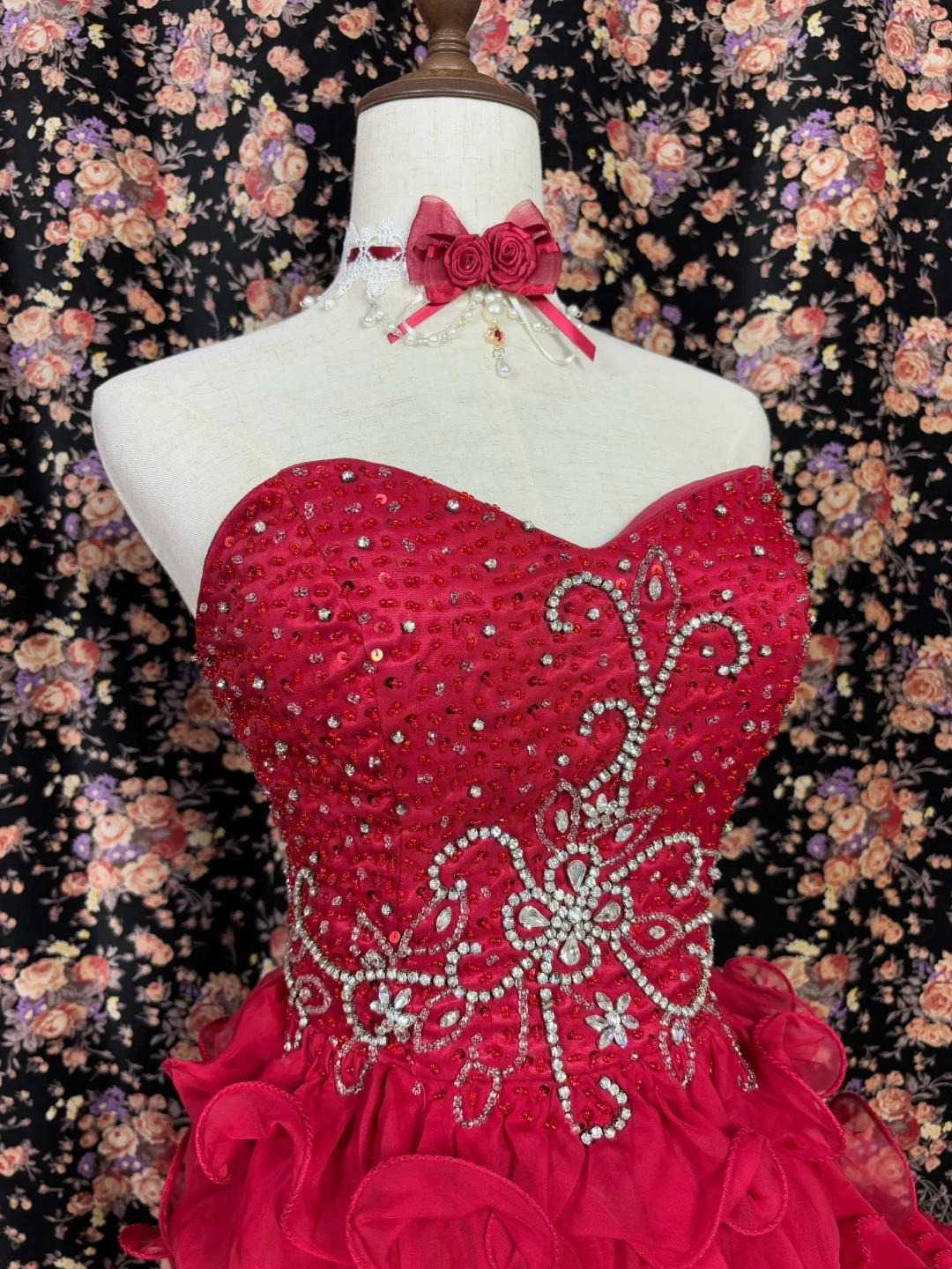 Sweetheart Red Ruffle Hight Low Prom Dress Beaded Evening Dress J9383