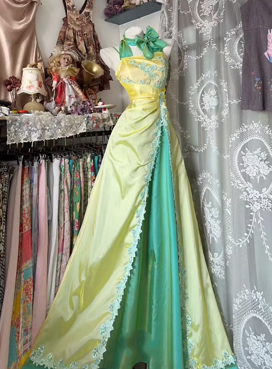 A Line Yellow Satin Prom Dress With Applique Slit J9401 JulyProm A Line Yellow Satin Prom Dress With Applique Slit J9401 JulyProm