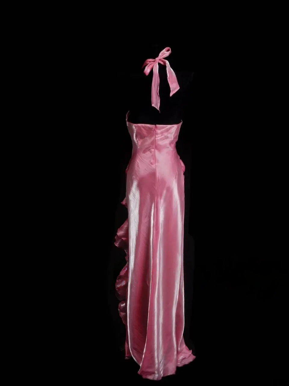 Halter Pink Ruffle Prom Dress Formal Party Dress With Slit J9412