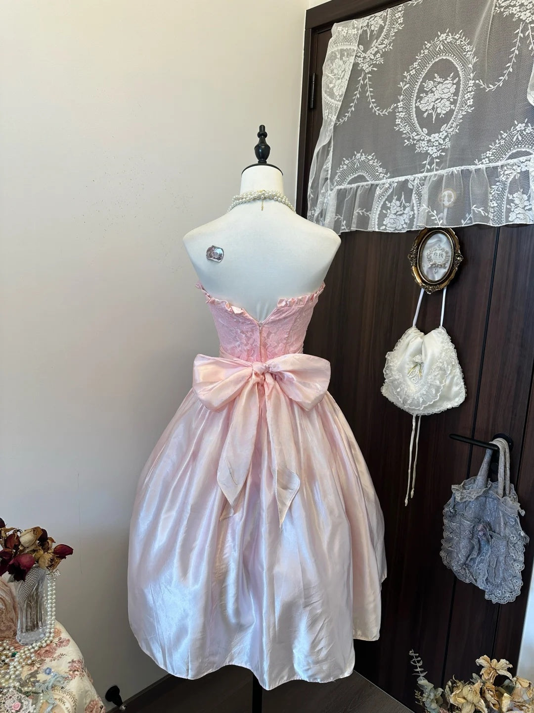 Trägerloses silbernes Vintage-Abendkleid, A-Linie, Geburtstagskleid J9370