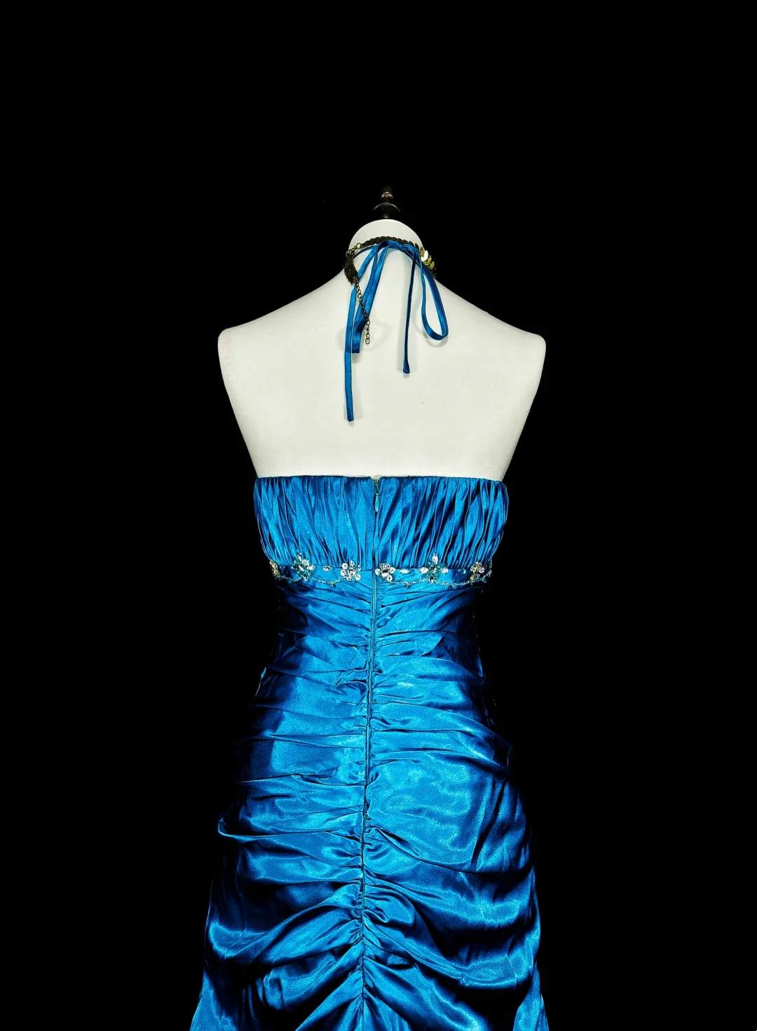 Halter Blue Satin Prom Dress Beaded Mermaid Evening Dress J9452