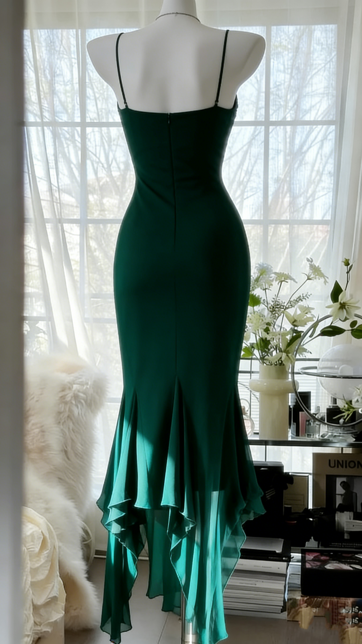 Spaghetti Straps Sheath Chiffon Beaded Prom Dresses Dark Green Evening Gowns J9492