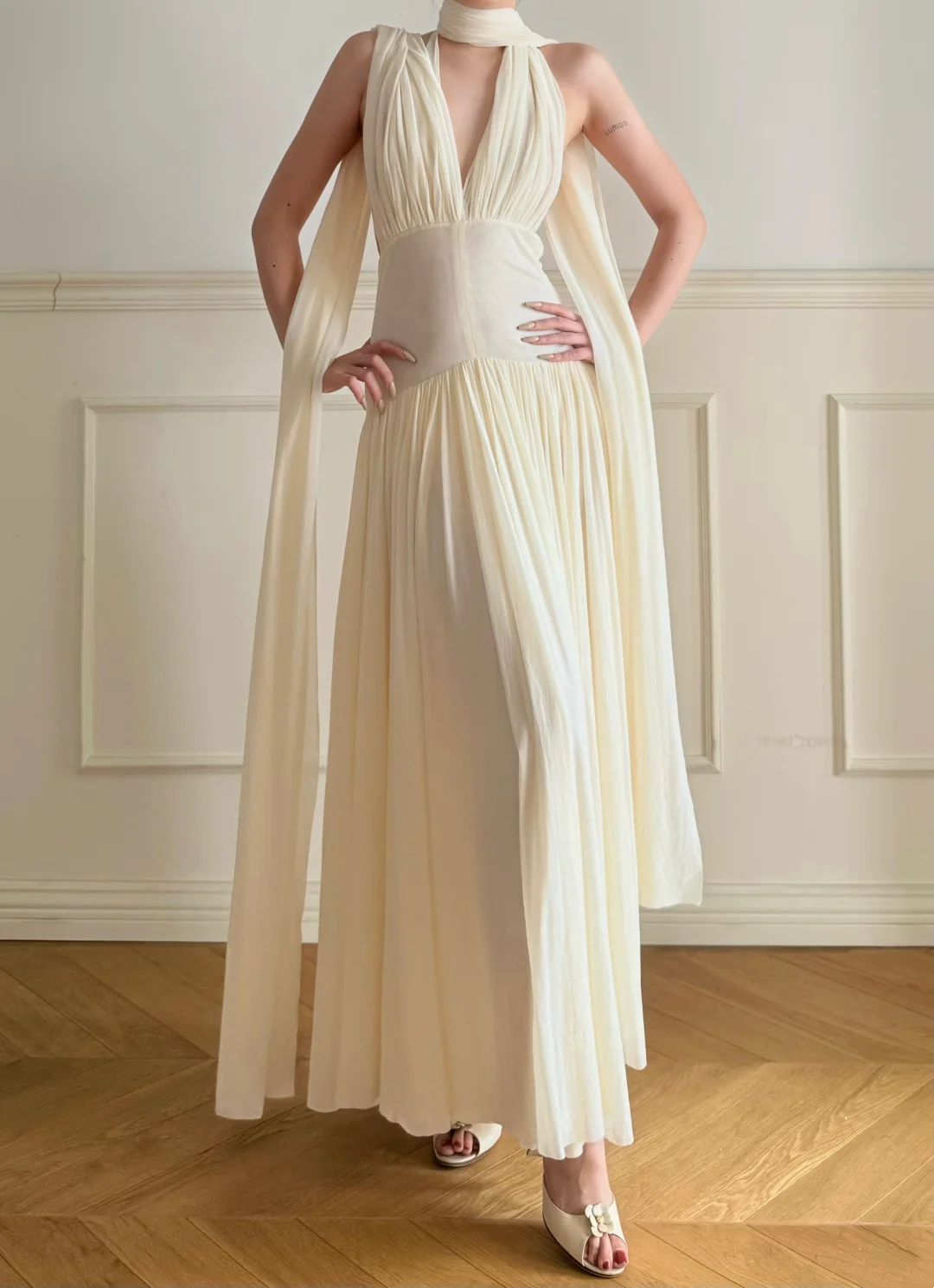 V Neck Backless Beige Formal Wedding Dress Chiffon Evening Dress J9540