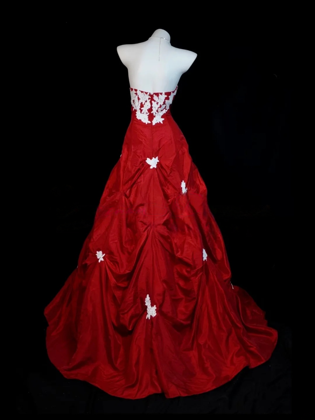 Strapless Red Satin Prom Dress With Appliques A Line Formal Dress J9624