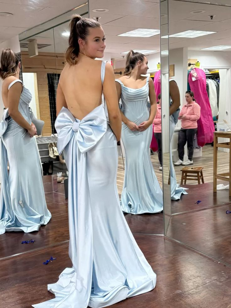 Backless Satin Baby Blue Prom Dress With Bow J9631