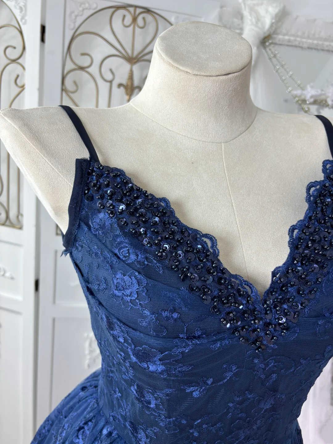 Navy Blue Lace A Line Prom Dress V Neck Formal Dress J9640