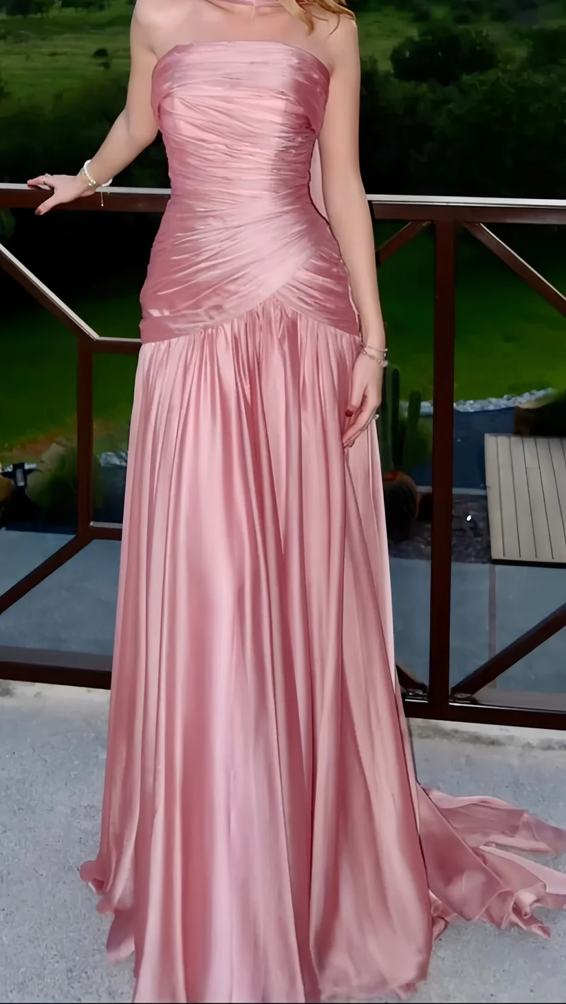Pink Satin Strapless Long Prom Dresses Evening Party Gown J9646