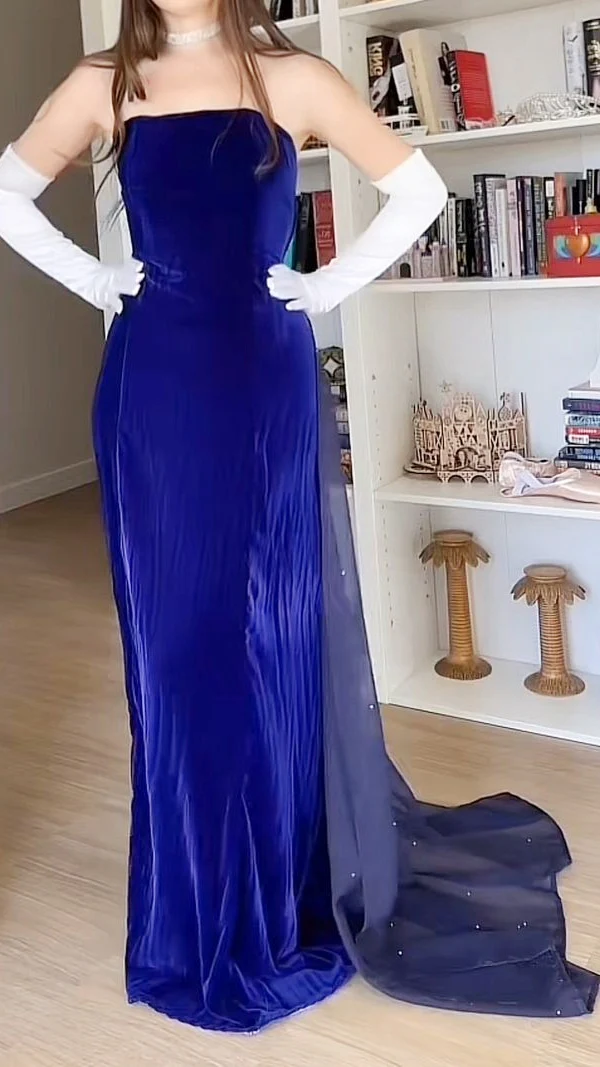Velvet Royal Blue Sheath Prom Dress Retro Evening Gown J9648