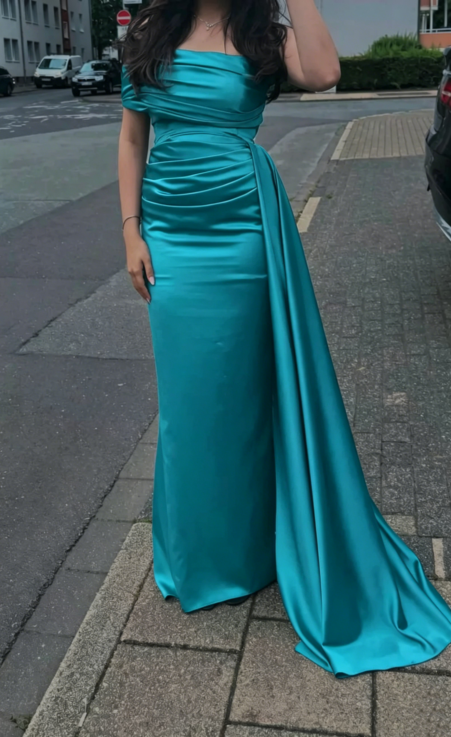 Off The Shoulder Navy Blue Satin Prom Dress Sheath Evening Dress J9995