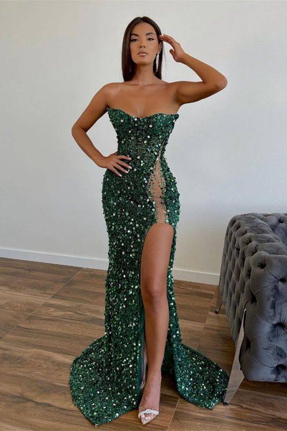 Robe de soirée fourreau vert foncé à paillettes, longue robe de bal avec fente 2404
