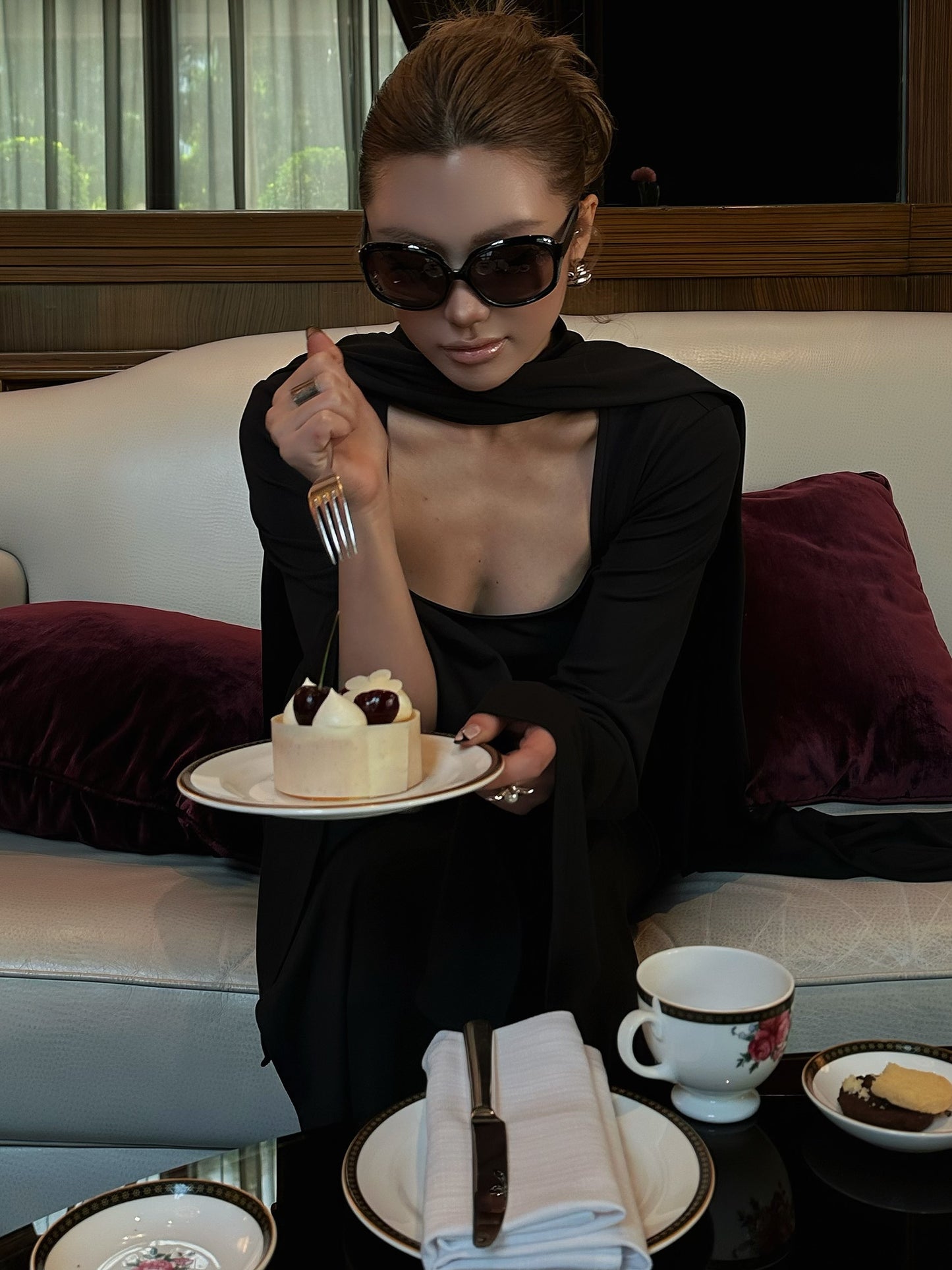 Black Square Collar Shawl Dress Two-piece Gown Modest Evening Dress L87