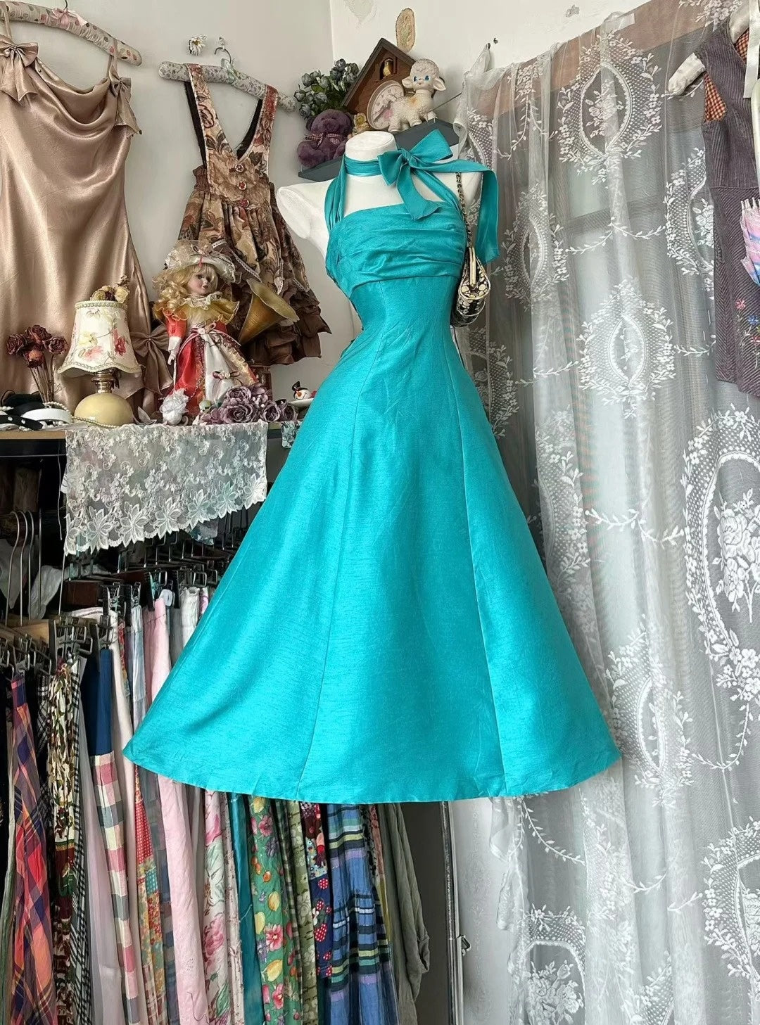 Light Blue A Line Halter Homecoming Dress Taffeta Party Dress J10507