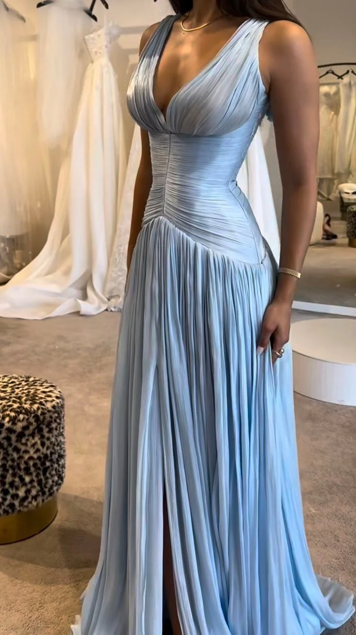 Light Blue Pleated Evening Formal Dresses V-Neck Wedding Guest Dress J9654