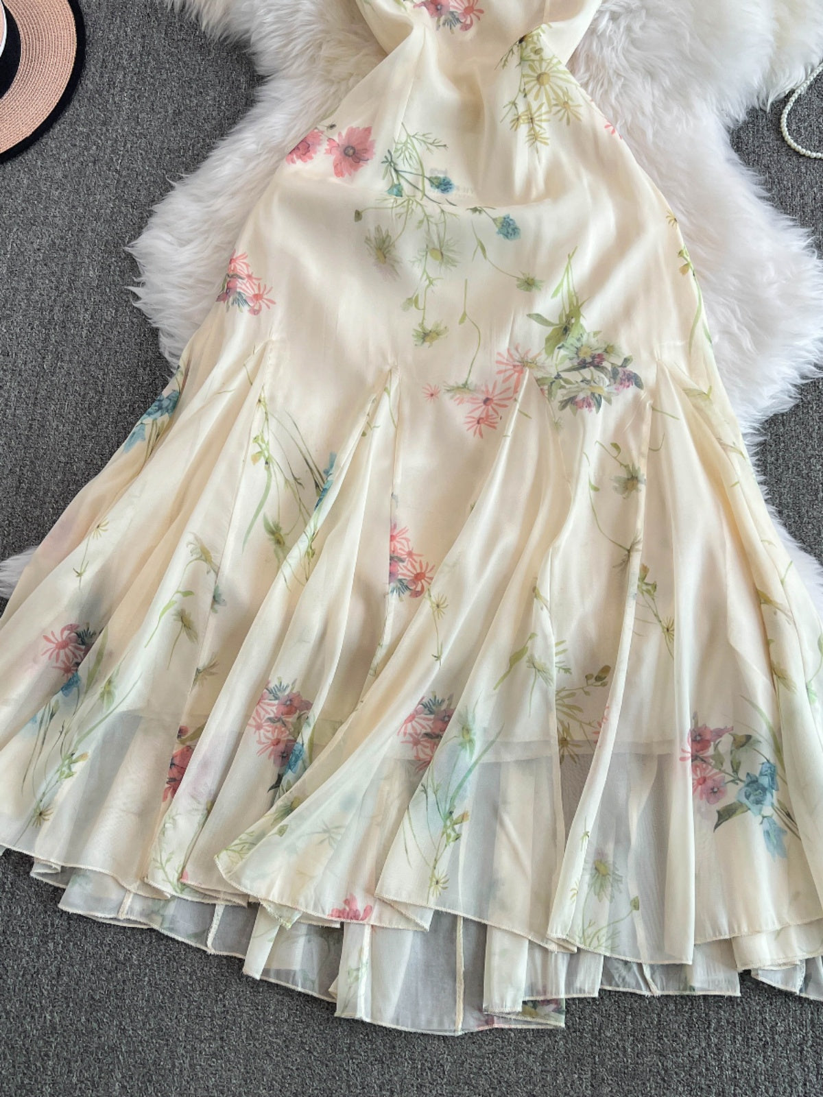 Spaghetti Strap Floral Apricot Dress Summer Chiffon Long Skirt L61