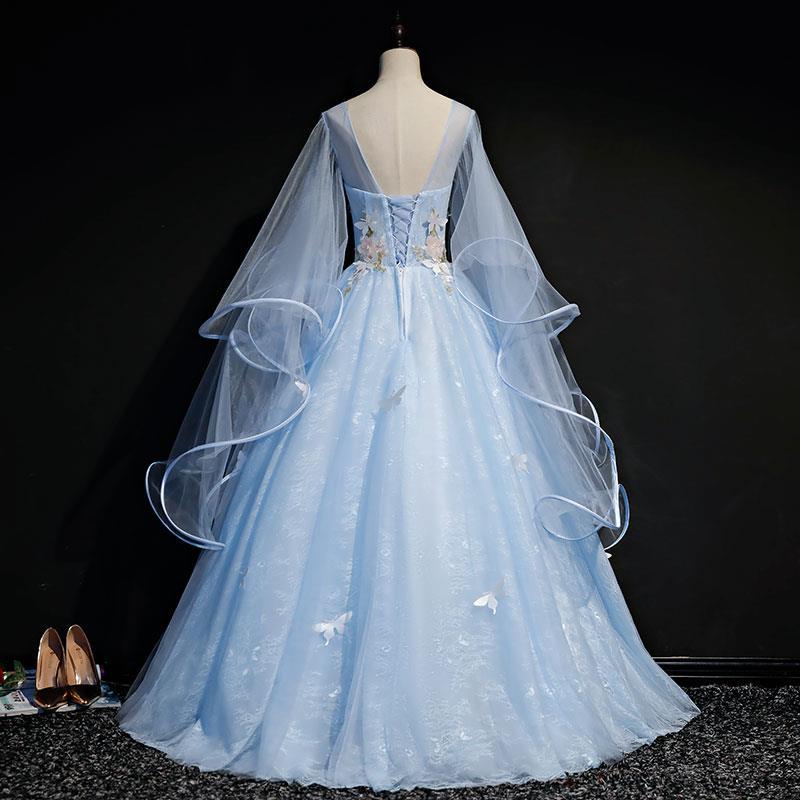 Blue Long Sleeves Ball Gown with Butterfly Sweet 16 Birthday Party Dress 206 - JulyProm