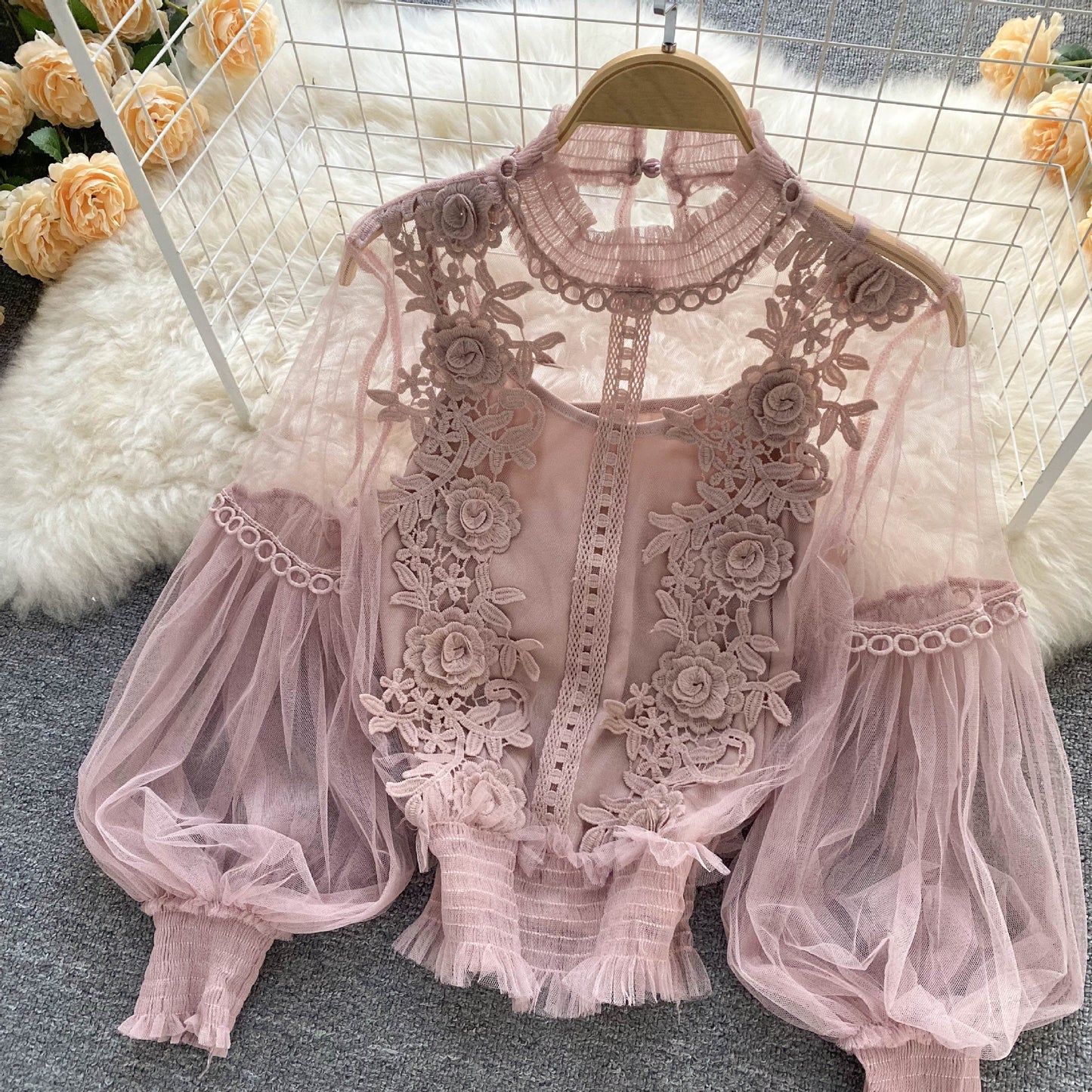 3D Flower Mesh Lantern Sleeve Top Short Female Lace Shirt 833