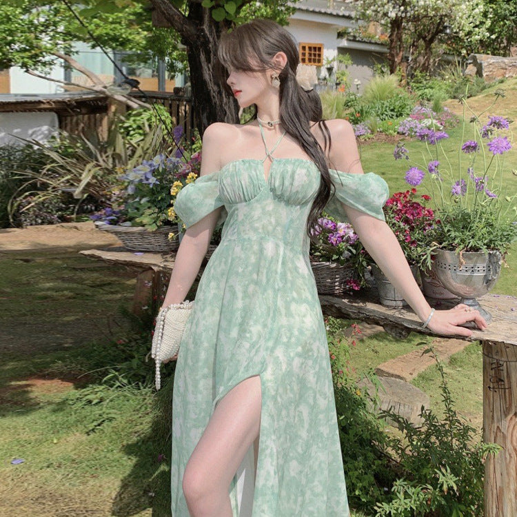 Robe d'été longue à bretelles fines et fentes pour femme, motif floral, col licou, 382, nouveauté 2023