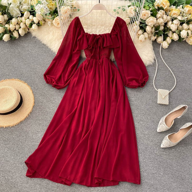 Neues französisches Retro-Kleid für Damen mit quadratischem Ausschnitt und Puffärmeln, Chiffonrock 1005