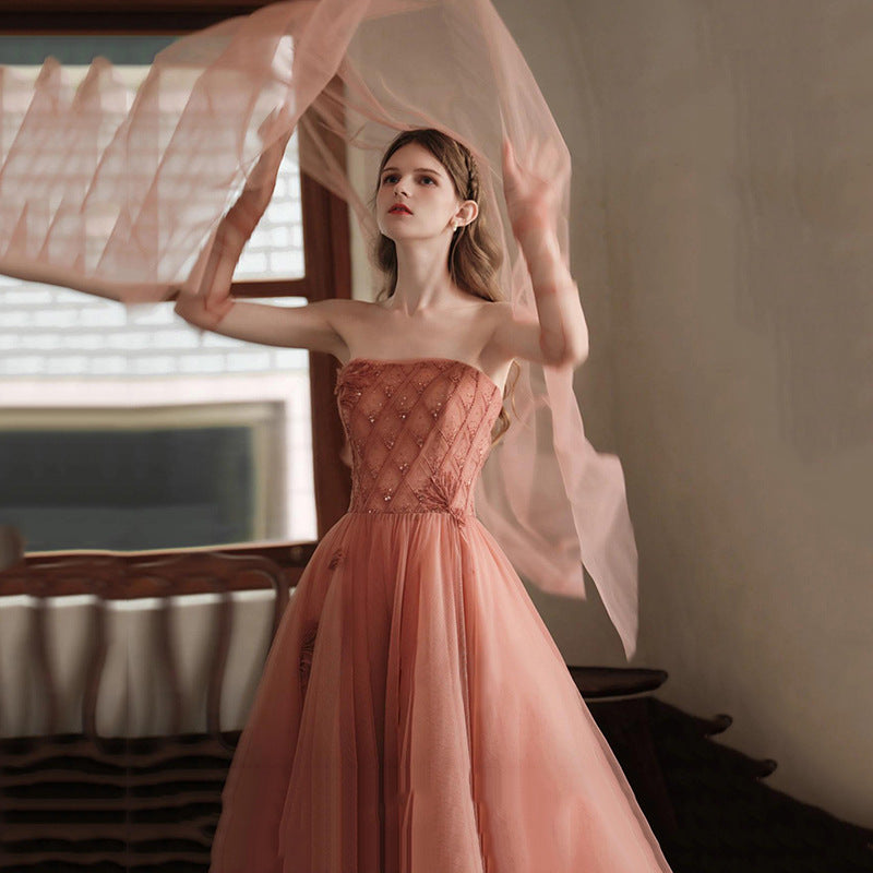 A Line Tulle Long Prom Dress Short Sleeves Formal Evening Dress 504