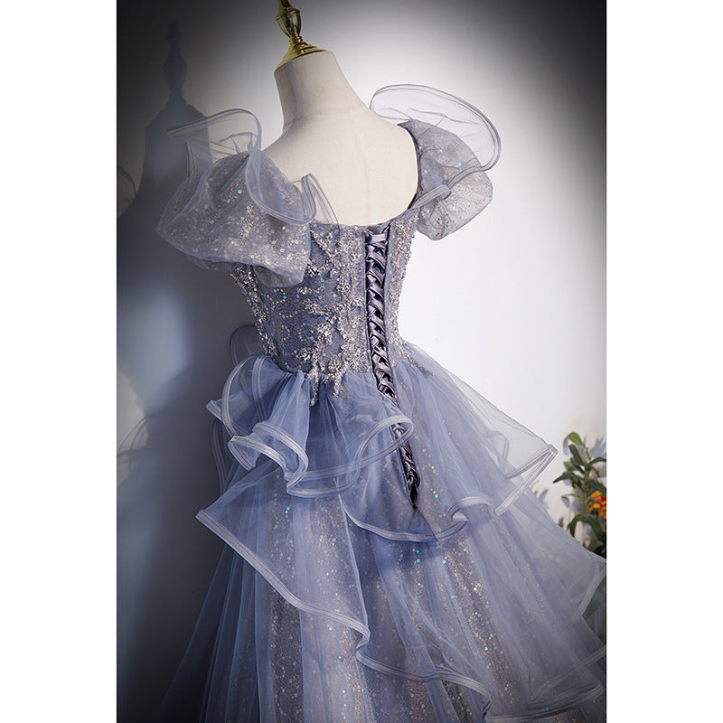 Robe de bal de fin d'année grise et bleue, à manches bouffantes, pour Sweet 16, 716