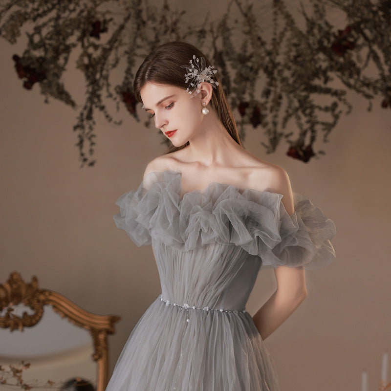 Gray Tulle Long Prom Dress Off Shoulder Evening Dress Formal Gown 171 - JulyProm