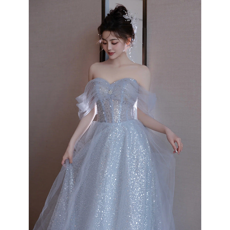Blue Sparkly Princess Dress Off Shoulder Long Prom Dress Formal Party Dress 174 - JulyProm