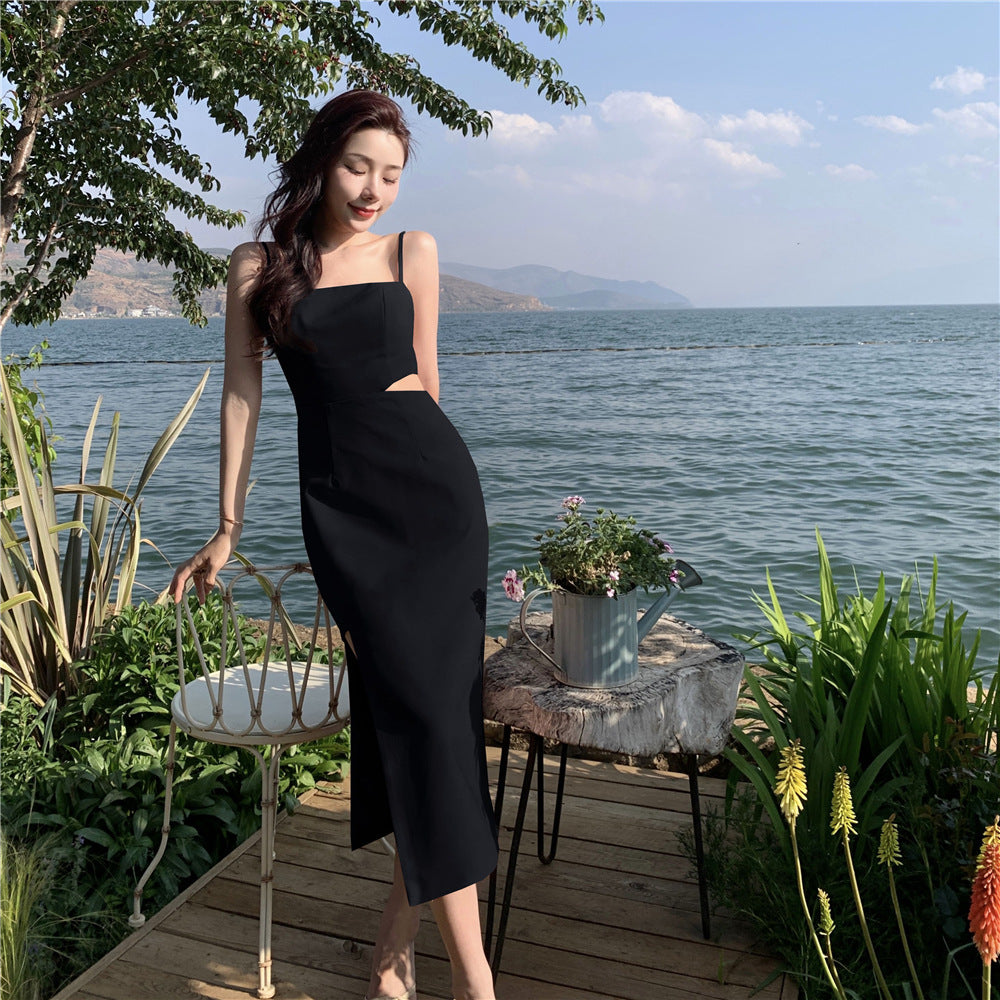 Robe rose à bretelles spaghetti fendues de style français 2023 Robe sexy d'été 426