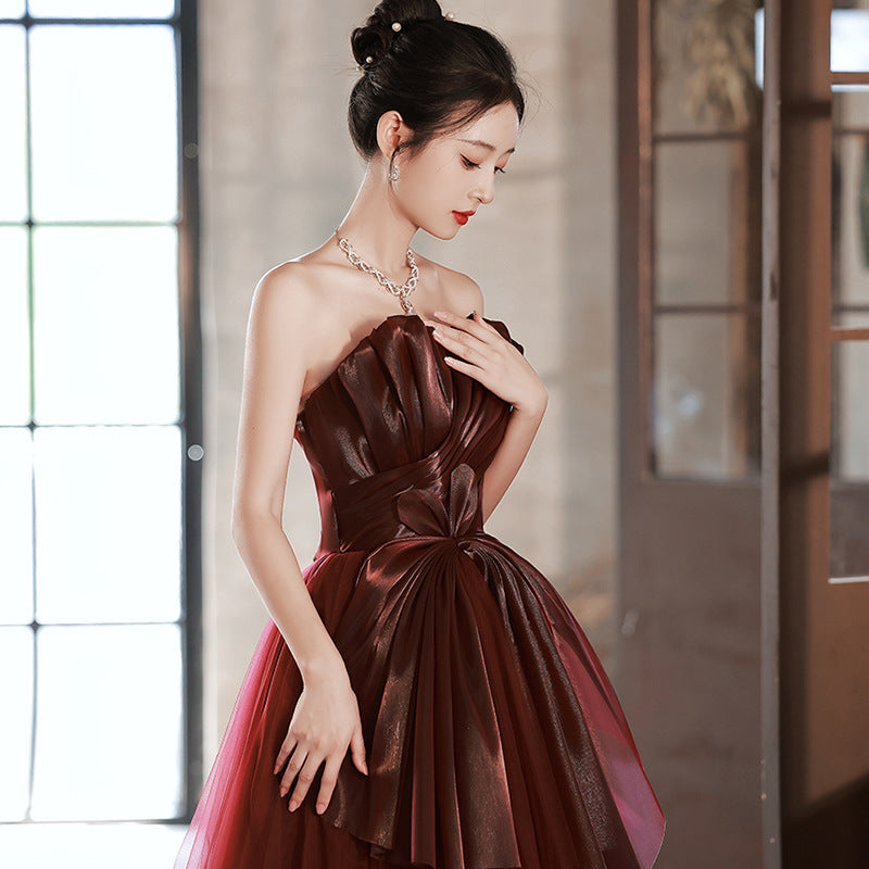 Strapless Wine Red Long Prom Dress A Line Evening Party Dress Formal Dress 190 - JulyProm