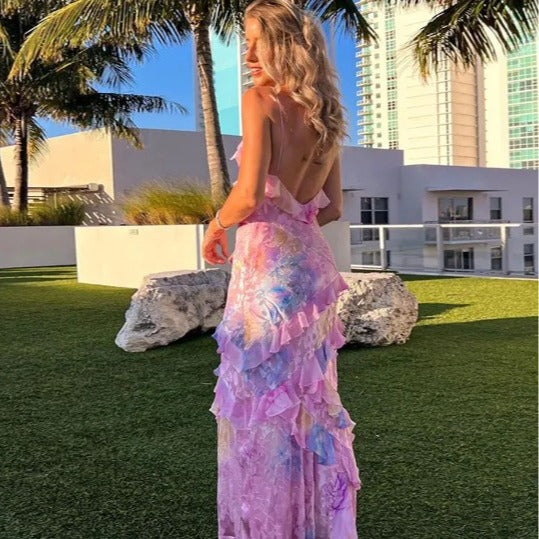 Robe de bal longue fourreau rose à bretelles spaghetti et dentelle à volants 2463