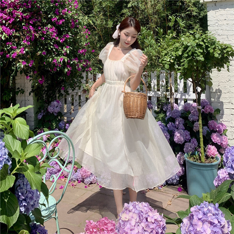 Robe de princesse féerique à col carré et manches bouffantes, couleur abricot français, nouvelle collection 2023, 394