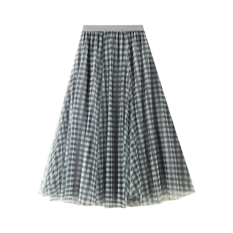 Retro Check Mesh Skirt Swing High Waist Mid Length Skirt 768