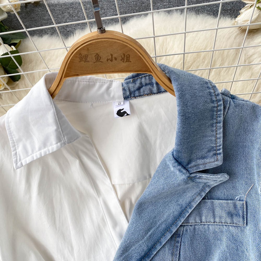 Spring and Autumn New Long-sleeved Shirt Stitching Denim Dress Women 357