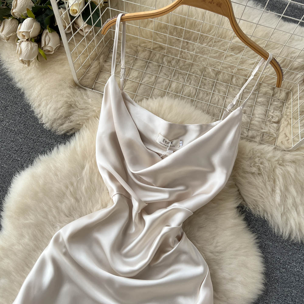 Robe mi-longue en satin français pour femme, robe sirène sexy d'été 463