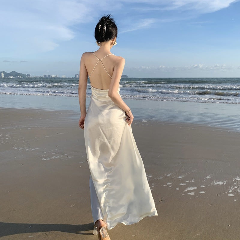 Robe longue de soirée en satin blanc dos nu, robe de bal 418