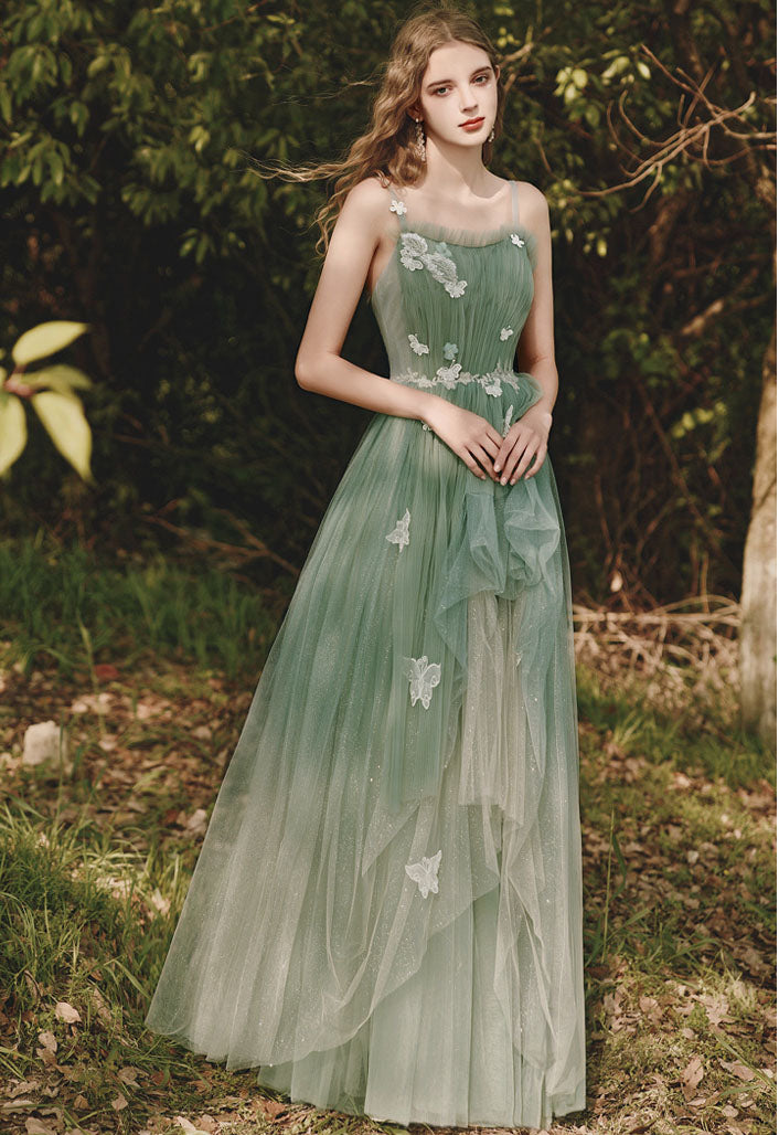 Green Tulle Spaghetti Strap Long Prom Dress A line Fairy Formal Party Dress 508